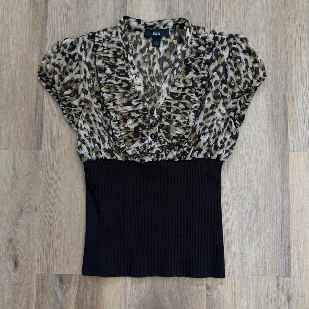 y2k Leopard Print Ruffle Top Metallic Gold Accent Ribbed Empire Waist VTG M